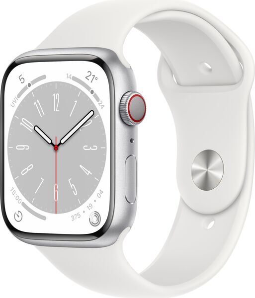 Apple Watch Series 8 Aluminium 45 mm (2022) | GPS + Cellular | silber | Sportarmband weiß M/L