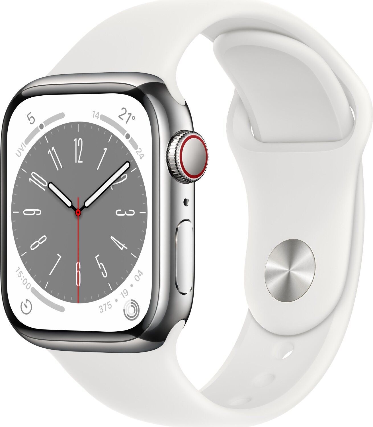 Apple Watch Series 8 roestvrij staal 41 mm (2022) | GPS + Cellular | zilver | witte sportband