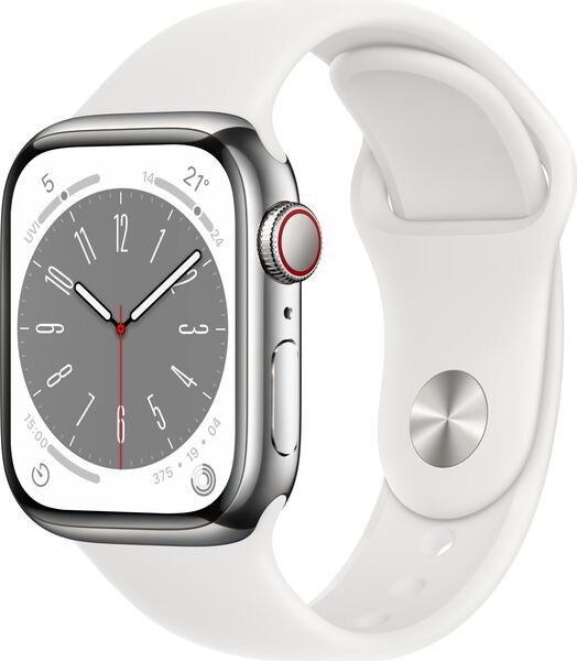 Apple Watch Series 8 Ruostumaton teräs 41 mm (2022) | GPS + Cellular | hopea | Urheiluranneke valkoinen