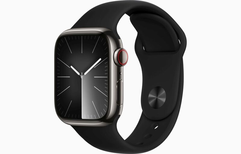 Apple Watch Series 8 Roestvrij Staal 41 mm (2022) | GPS + Cellular | graphit | Sportbandje zwart