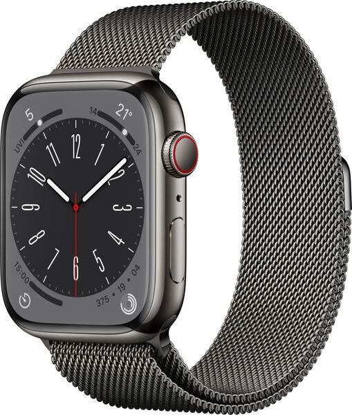 Apple Watch Series 8 Stal szlachetna 45 mm (2022) | GPS + Cellular | grafitu | Bransoleta mediolańska w kolorze mocnego grafitu