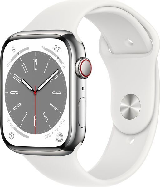 Apple Watch Series 8 Rustfrit stål 45 mm (2022) | GPS + Cellular | sølv | Sportsrem hvid