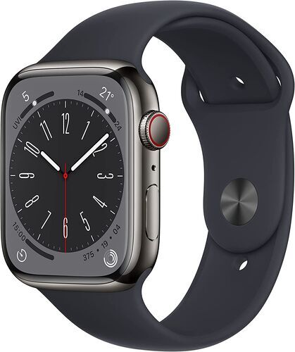 Väldigt bra: Apple Watch Series 8 Rostfritt stål 45 mm (2022) | GPS + Cellular | grafit | Sportband Midnatt
