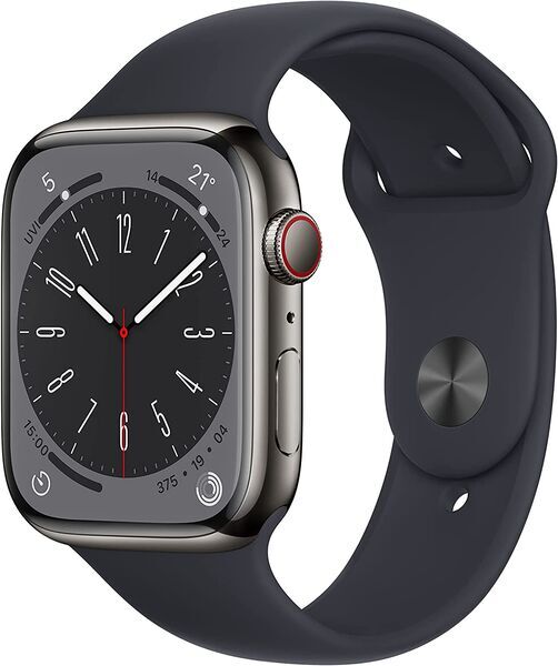 Apple Watch Series 8 Edelstahl 45 mm (2022) | GPS + Cellular | graphit | Sportarmband Mitternacht