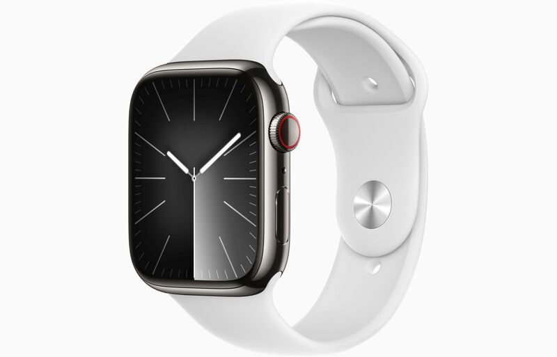 Apple Watch Series 8 Rostfritt stål 45 mm (2022) | GPS + Cellular | grafit | Sportband vit