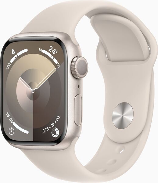 Apple Watch Series 9 Aluminium 41 mm (2023) | GPS | Księżycowa poświata| Pasek sportowy w kolorze Księżycowa poświata S/M