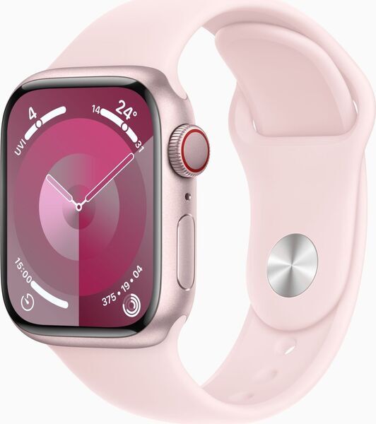 Apple Watch Series 9 Aluminium 41 mm (2023) | GPS + Cellular | różowy | Pasek sportowy w kolorze jasnoróżowy S/M