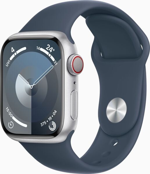 Apple Watch Series 9 Aluminium 41 mm (2023) | GPS + Cellular | srebrny | Pasek sportowy w kolorze sztormowy błękit S/M