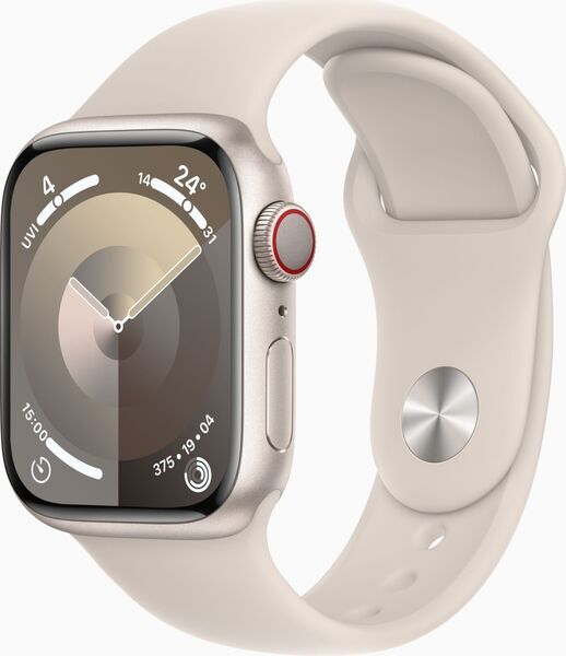 Apple Watch Series 9 Aluminium 41 mm (2023) | GPS + Cellular | Księżycowa poświata | Pasek sportowy w kolorze Księżycowa poświata S/M