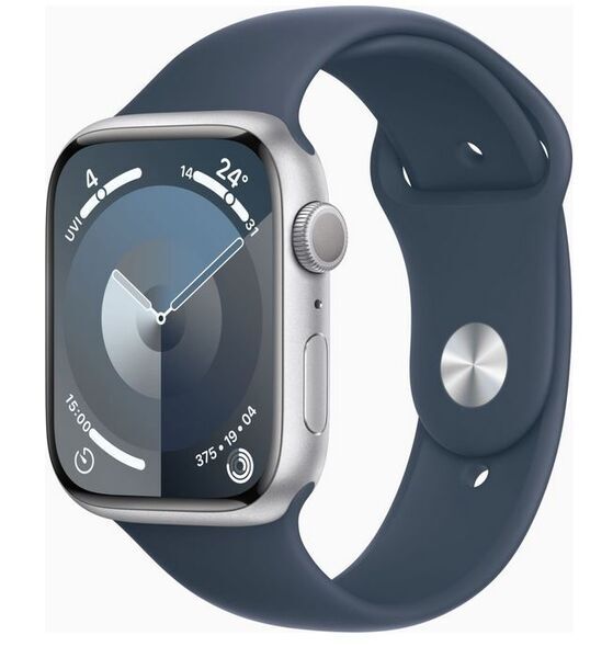 Apple Watch Series 9 Alluminio 45 mm (2023) | GPS | argento | Cinturino Sport Blu tempesta M/L