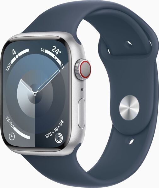 Apple Watch Series 9 Alumínio 45 mm (2023) | GPS + Cellular | prateado | bracelete desportiva Azul tempestade S/M