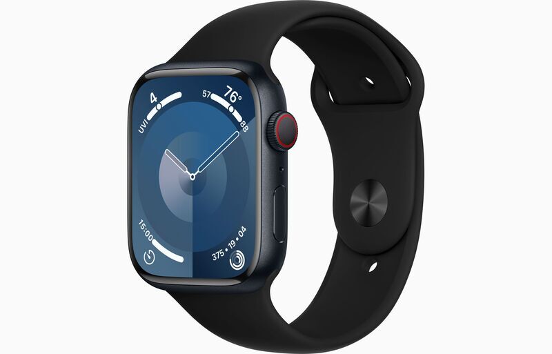 Apple Watch Series 9 Aluminium 45 mm (2023) | GPS + Cellular | Mitternacht | Sportarmband schwarz M/L