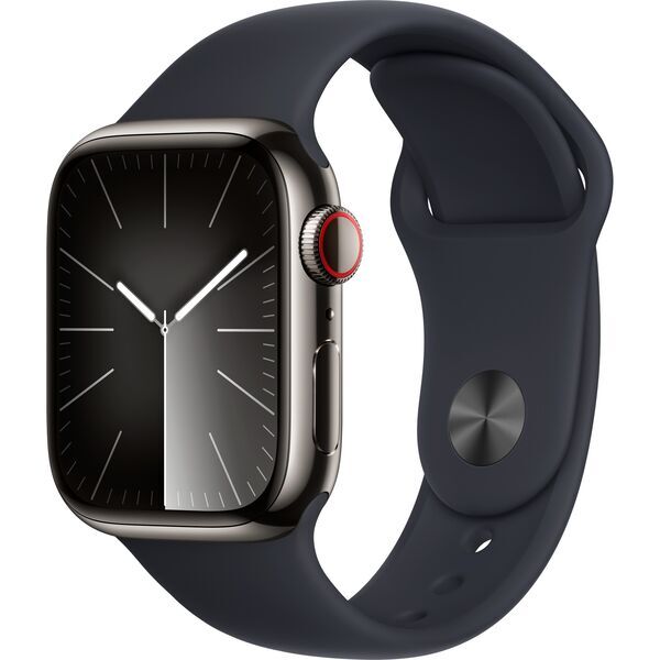 Apple Watch Series 9 Rostfritt stål 41 mm (2023) | GPS + Cellular | grafit | Sportband Midnatt M/L