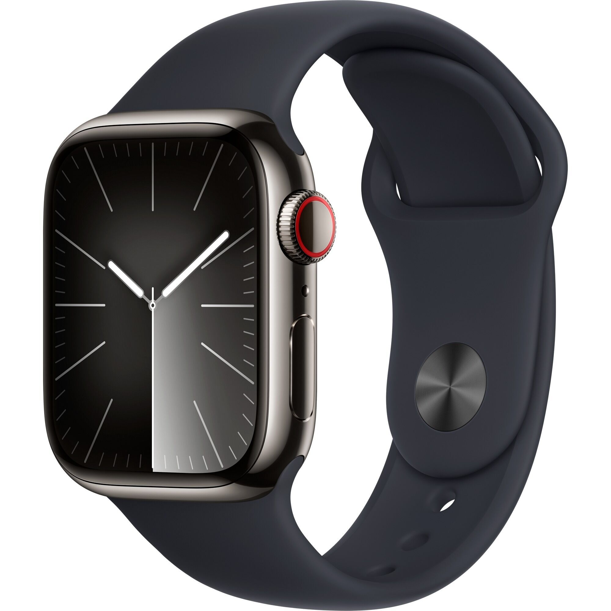 Apple Watch Series 9 Roestvrij staal 41 mm (2023) | GPS + Cellular | Grafiet | Middernacht Sportband S/M