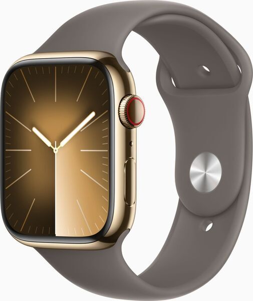 Apple Watch Series 9 Aço Inoxidável 41 mm (2023) | GPS + Cellular | dourado | bracelete desportiva castanho argila M/L