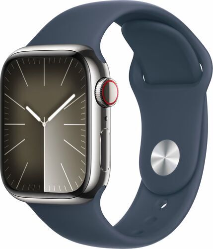 Apple Watch Series 9 Rostfritt stål 41 mm (2023) | GPS + Cellular | silver | Sportband stormblå M/L