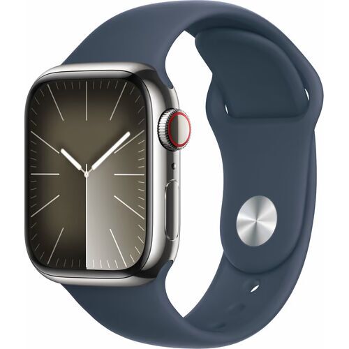 Apple Watch Series 9 Roestvrij staal 41 mm (2023) | GPS + Cellular | zilver | Stormblauwe sportband M/L