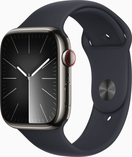 Apple Watch Series 9 Rostfritt stål 45 mm (2023) | GPS + Cellular | Midnatt | Sportband Midnatt M/L
