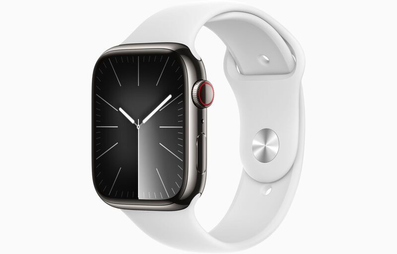 Apple Watch Series 9 Rostfritt stål 45 mm (2023) | GPS + Cellular | grafit | Sportband vit M/L