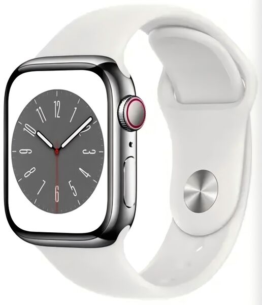 Apple Watch Series 9 Неръждаема стомана 45 mm (2023) | GPS + Cellular | сребристо | Спортна гривна бяла S/M, image 1 of 1