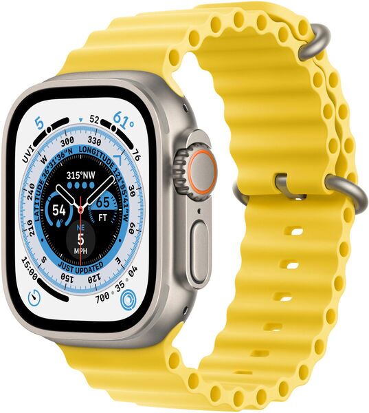 Apple Watch Ultra (2022) | 49 mm | GPS + Cellular | zilver | Ocean-bandje geel