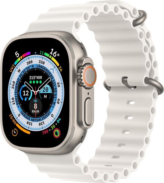 Apple Watch Ultra (2022) | 49 mm | GPS + Cellular | zilver | witte Oceaan band