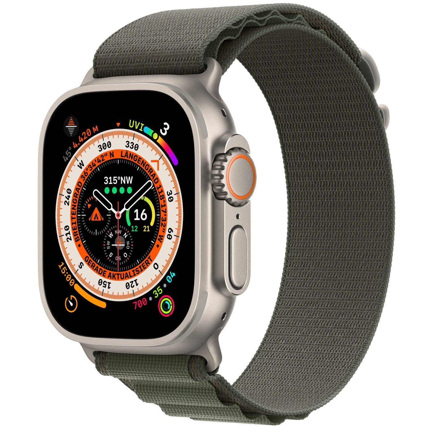 Apple Watch Ultra (2022) | 49 mm | GPS + Cellular | zilver | groene Alpine Loop Medium