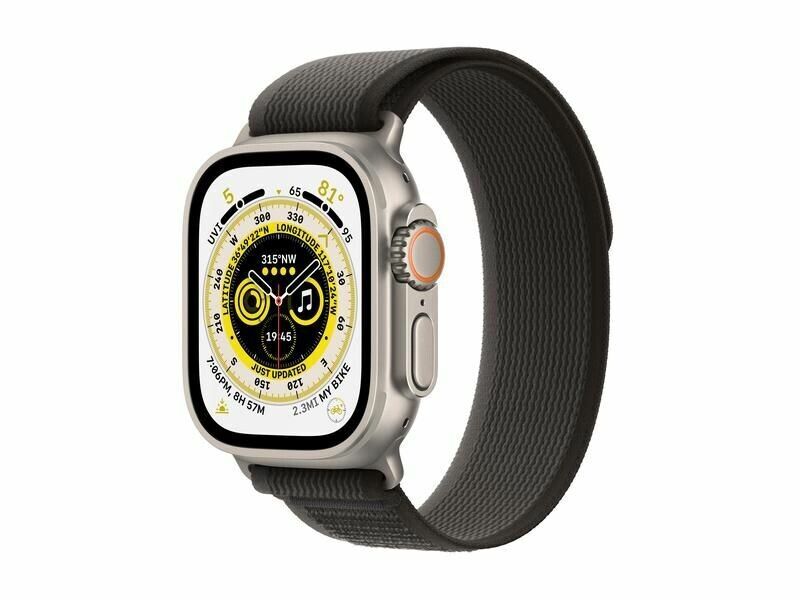 Apple Watch Ultra (2022) | 49 mm | GPS + Cellular | zilver | Trail Loop M/L zwart/grijs