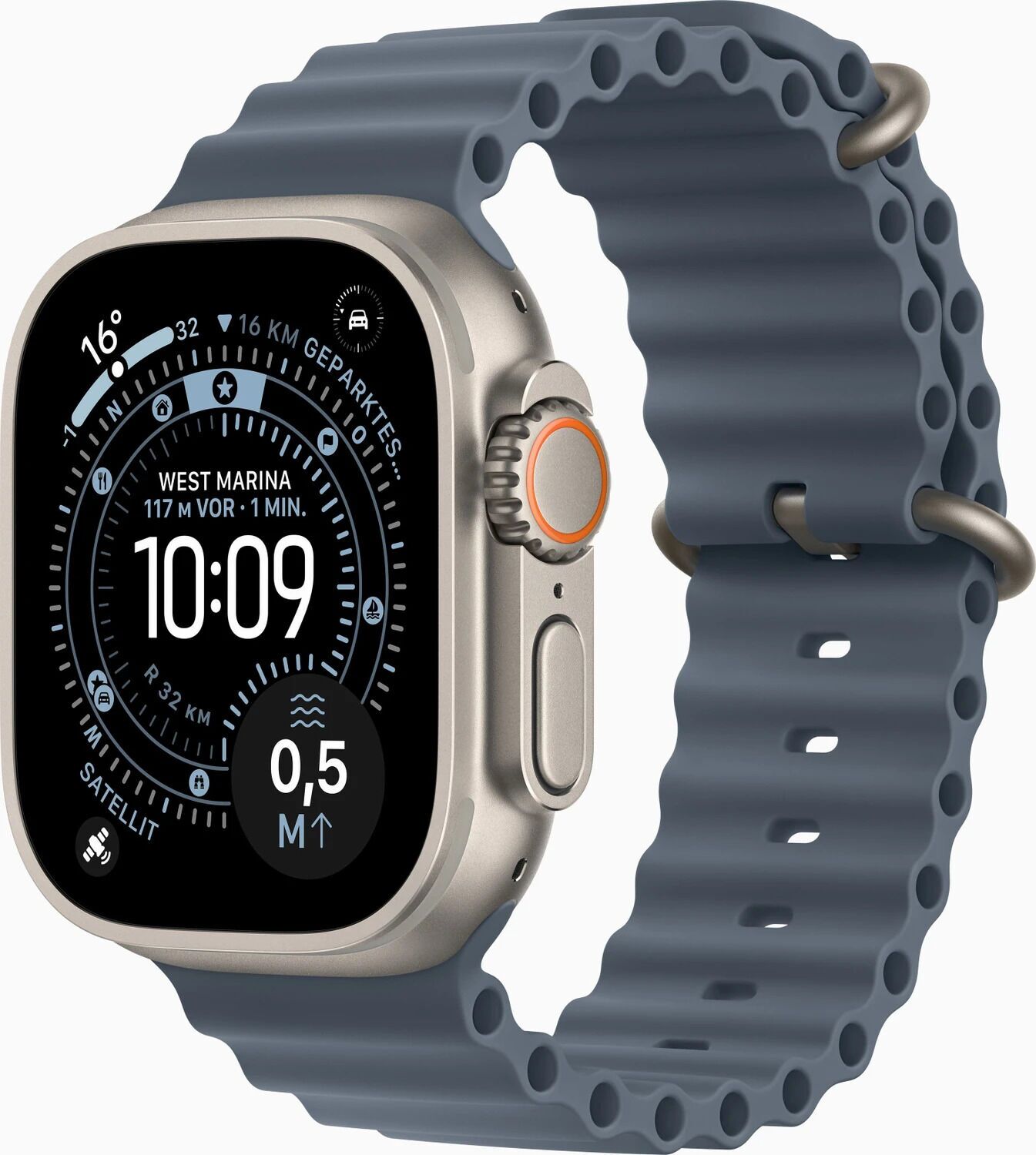 Apple Watch Ultra 3 (2025) | GPS + Cellular | Natuurlijk Titanium | Marineblauwe Ocean-band