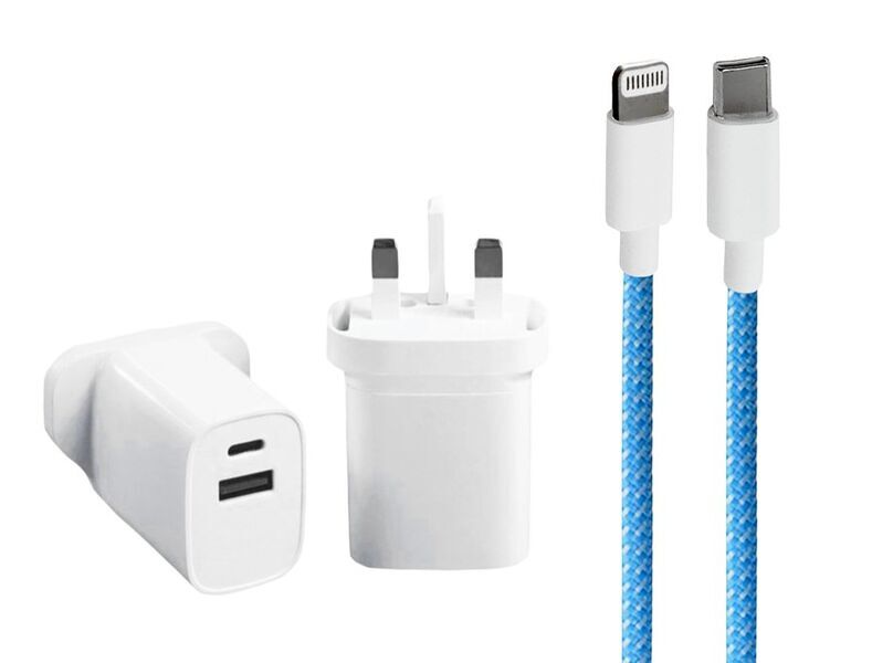 Wieloportowa szybka ładowarka UK (35 W) i kabel w oplocie (Lightning) | biały/niebieski 1