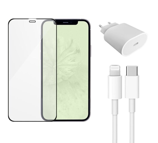 Fast Charger (20W) + Cable (Lightning) & Tempered Glass transparent | iPhone 12 mini