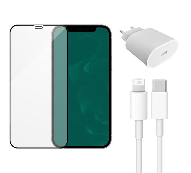 Fast Charger (20W) + Cable (Lightning) & Tempered Glass transparent | iPhone 12 Pro