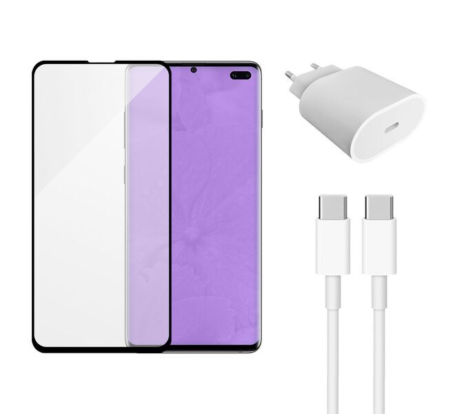 Fast Charger (20W) + Cable (USB-C) & Tempered Glass transparent | Samsung Galaxy S10