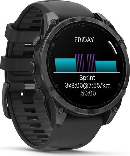 Refurbished Garmin Fenix 8 smartwatch with a black silicone band