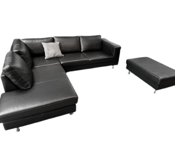Indivi corner sofa with relaxation module & stool Salto-leather | black, image 1 of 4