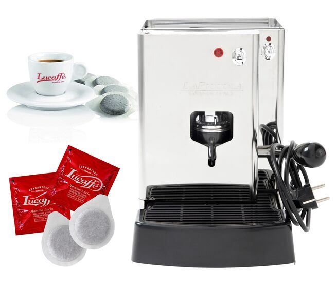 La Piccola Sara Classic Inox Machine à café | 150 Mamma Lucia ESE Pads | argent/noir