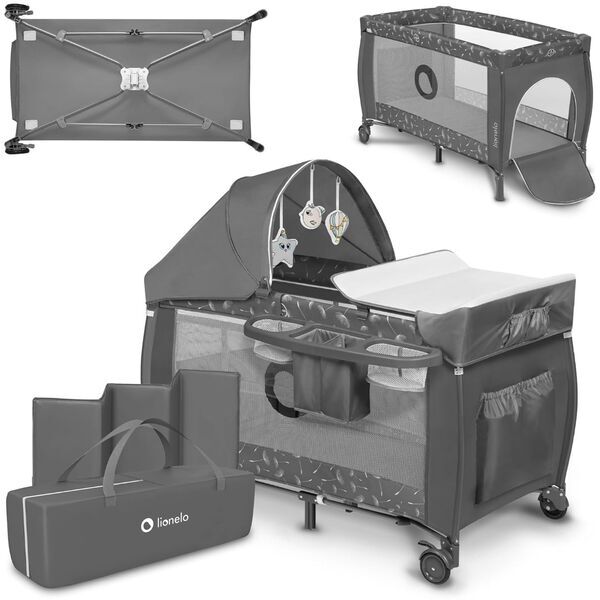 Lionelo Sven Plus 4-en-1 cuna para bebé y corralito | Gris oscuro, image 1 of 2