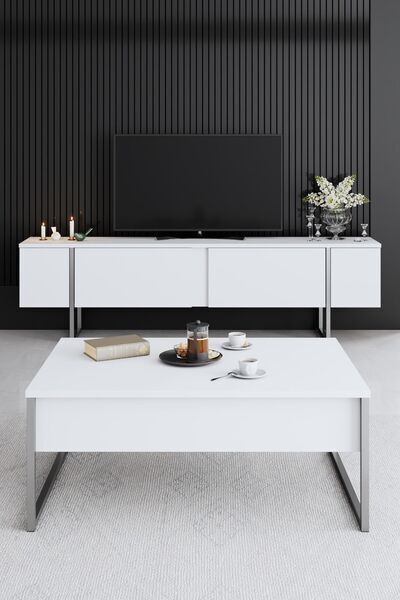 Luxe TV cabinet wood veneer white silver | white, image 2 of 4