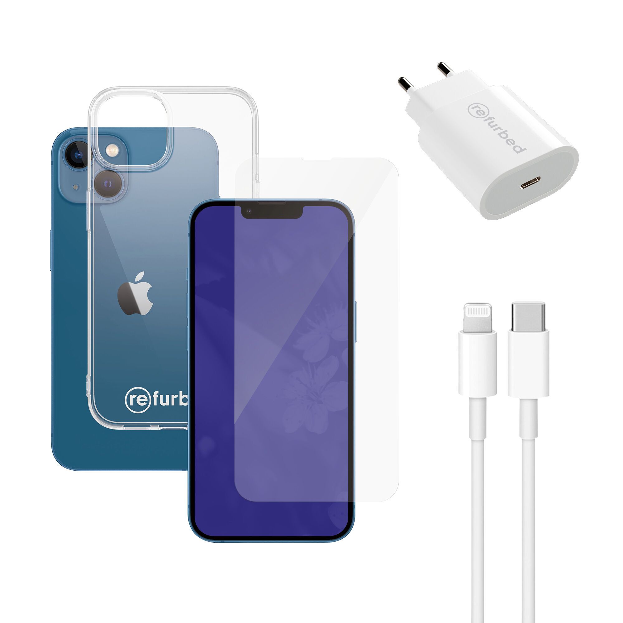 Snellader (20W), kabel (lightning), telefoonschermbeschermer & transparant telefoonhoesje | iPhone 13/14 | transparant