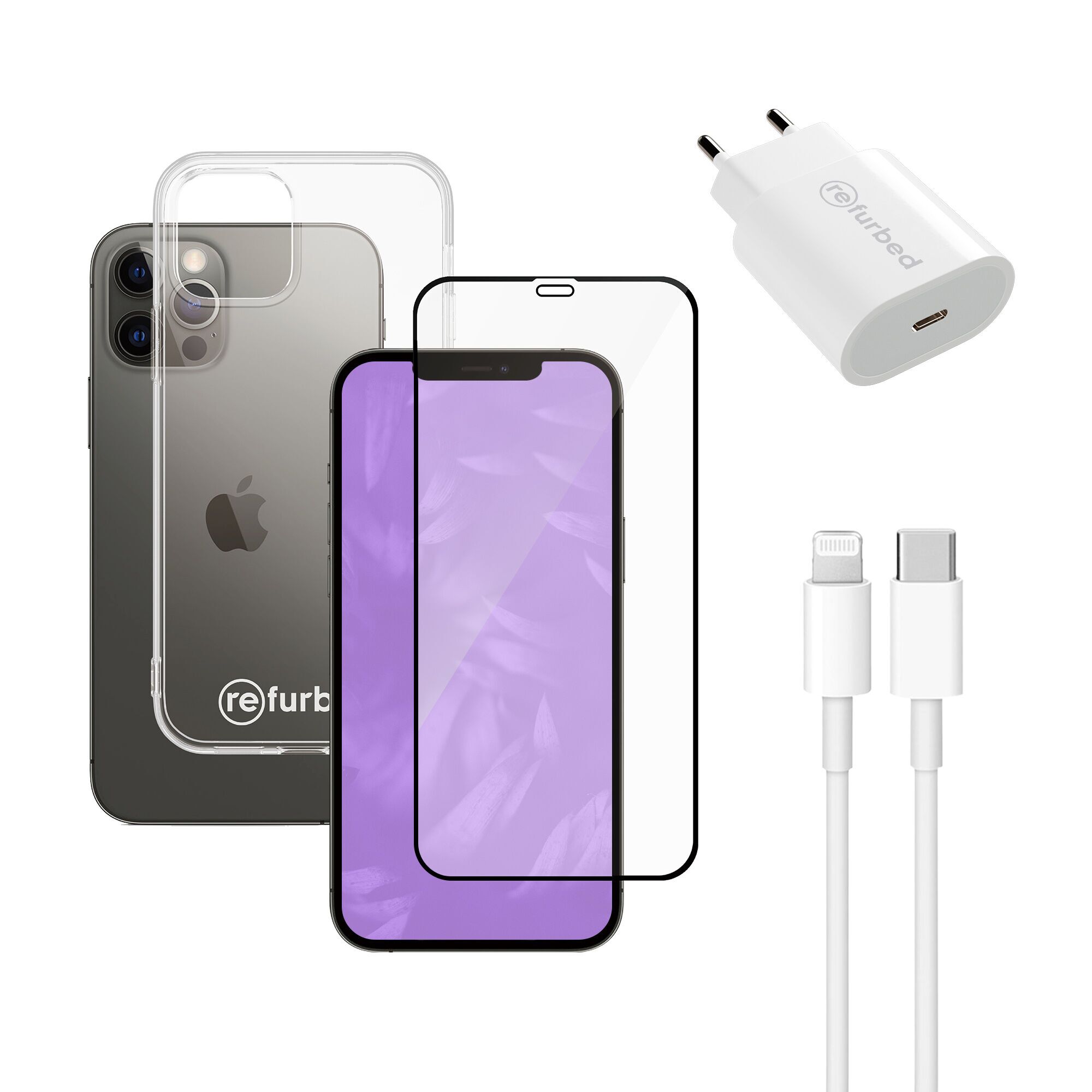 Snellader (20W), kabel (lightning), telefoonschermbeschermer & transparant telefoonhoesje | iPhone 12/12 Pro | transparant