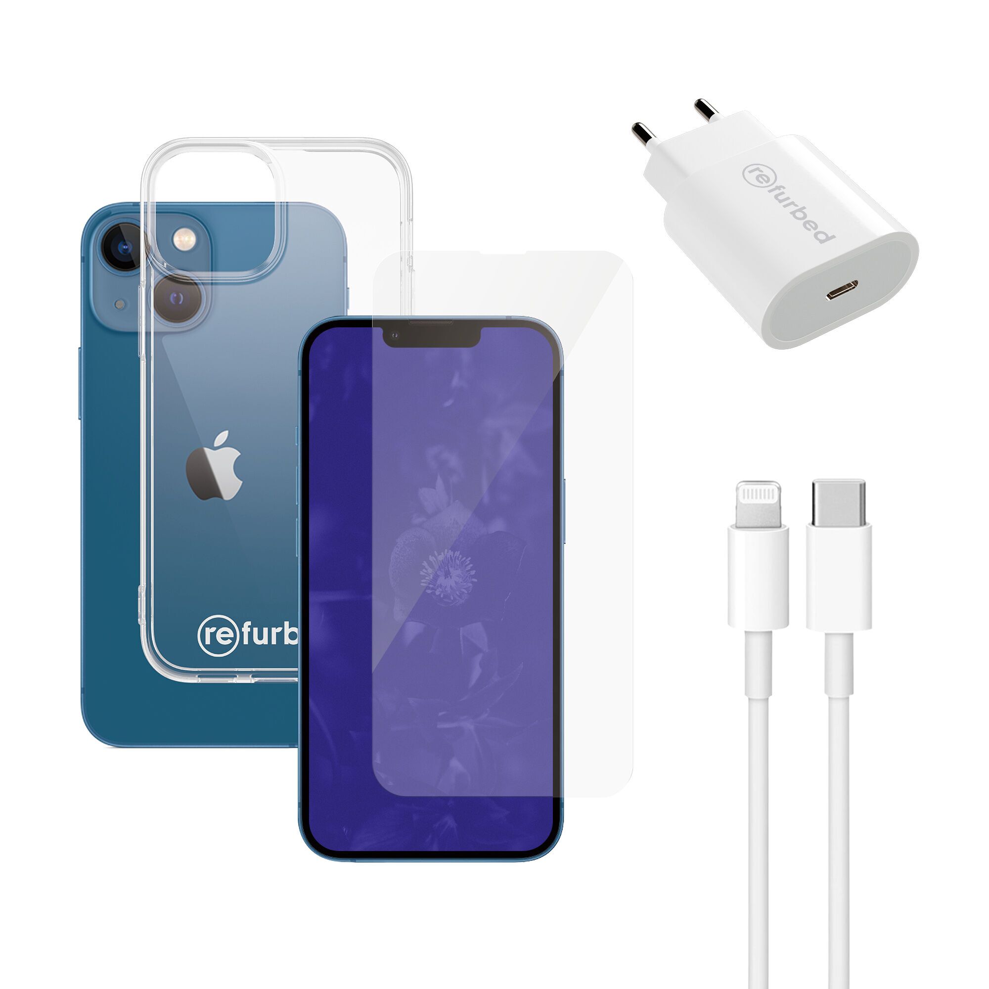 Snellader (20W), kabel (lightning), telefoonschermbeschermer & transparant telefoonhoesje | iPhone 13 Mini | transparant