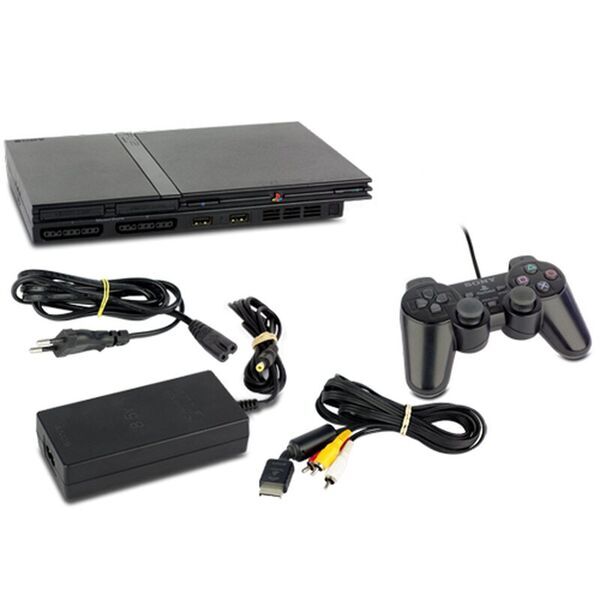 Sony PlayStation 2 Slim (PS2 Slim) | inkl. spel | zwart | 1 Controller | 2 microfoons | Singstar 80s 2