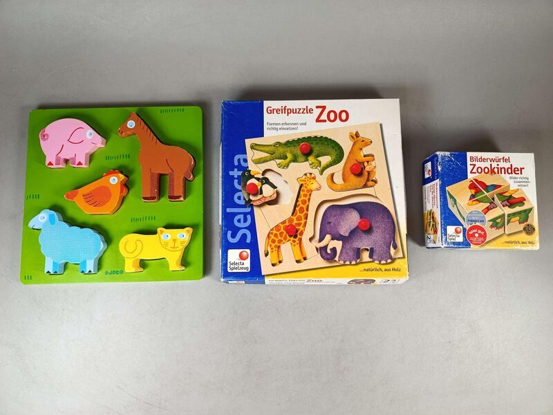 Selecta Spiel Bundle Zoo 2051 Set of 3 Wooden Puzzles, Peg Puzzle & Picture Cubes | multicoloured, image 1 of 4