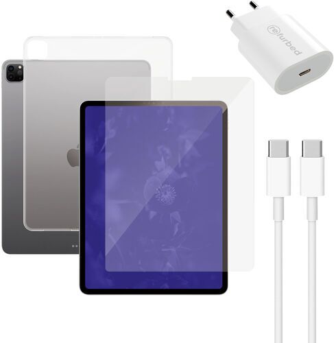 Snabbladdare (20W), kabel (usb-c), skärmskydd för surfplatta och transparent fodral för surfplatta | iPad 12.9" | genomskinlig