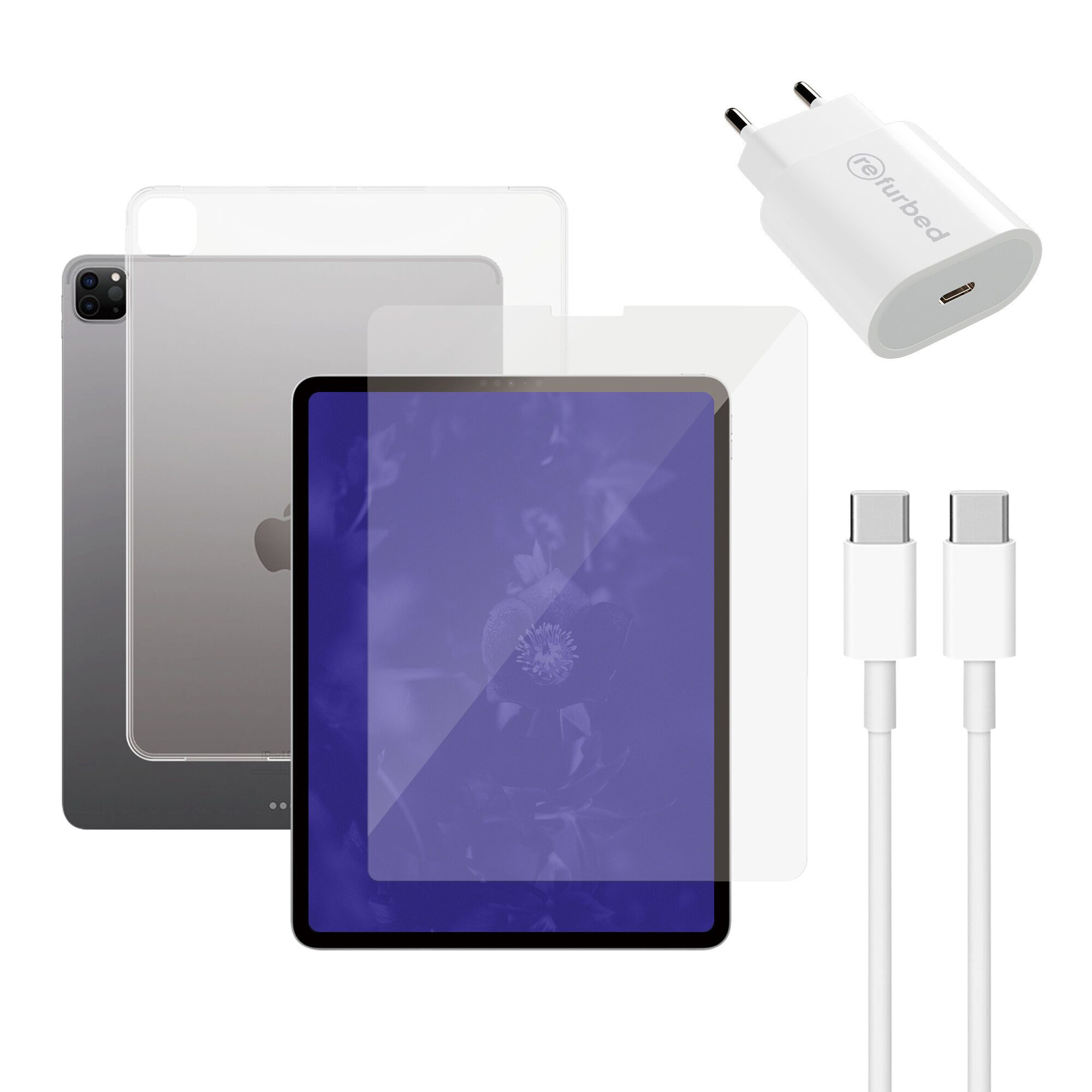 Snellader (20W), kabel (usb-c), tablet screenprotector & transparante tablethoes | iPad Pro 13" (2024) | transparant