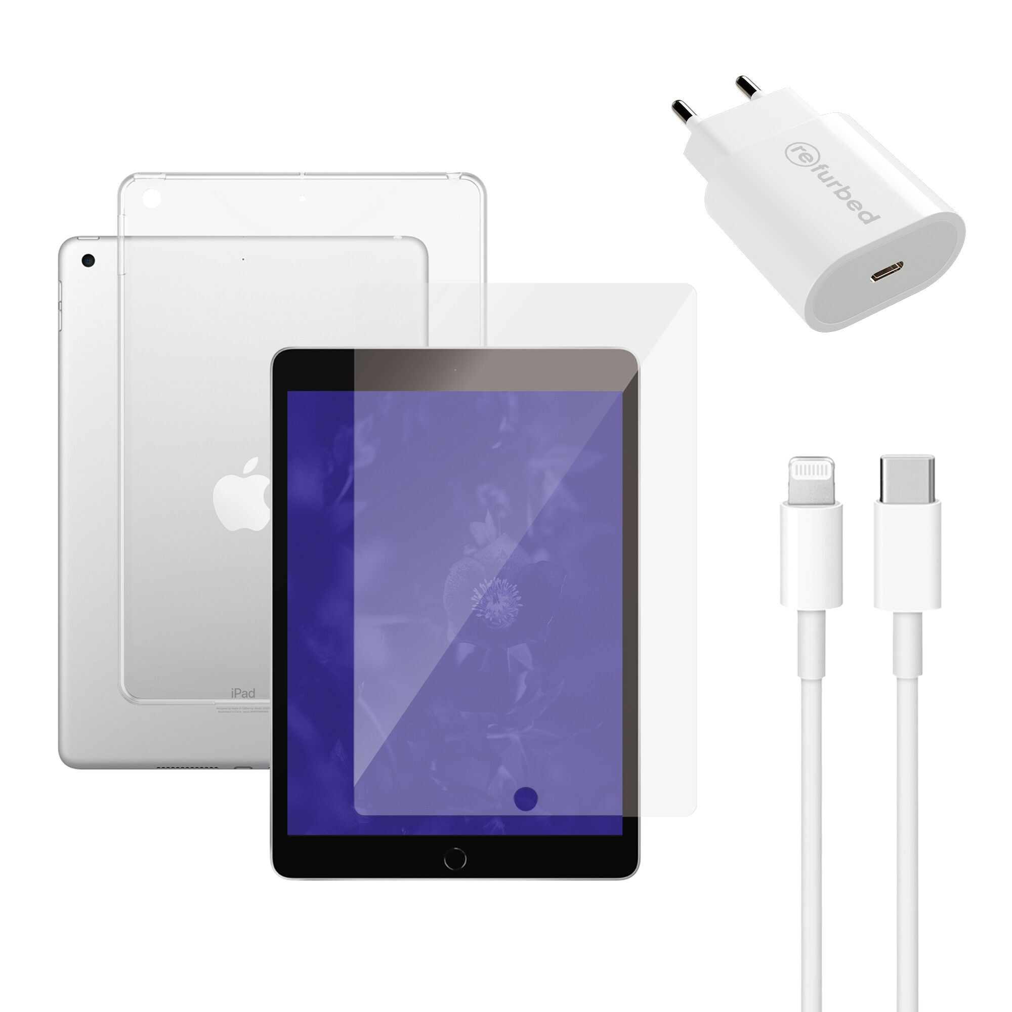 Snellader (20W), kabel (Lightning), tablet screenprotector & transparante tablethoes | iPad Pro 10.2" (2019/2020/2021) | transparant