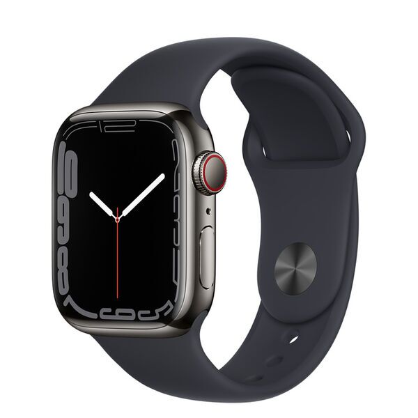 Apple Watch Series 7 Rustfrit stål 41 mm (2021) | GPS + Cellular | grafit | Sportsrem Midnatsblå