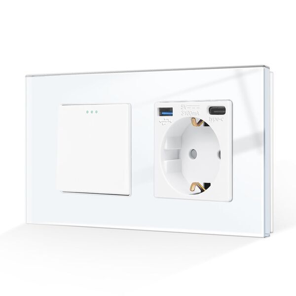 CNBINGO M1-P101 + MP0100U interruttore a bilanciere singolo con presa Schuko singola USB | bianco, image 1 of 1