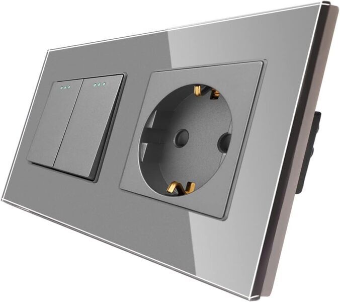 CNBINGO M1-P104 + M1-P111 interrupteur à bascule 2 voies avec prise Schuko simple | gris, image 1 of 1