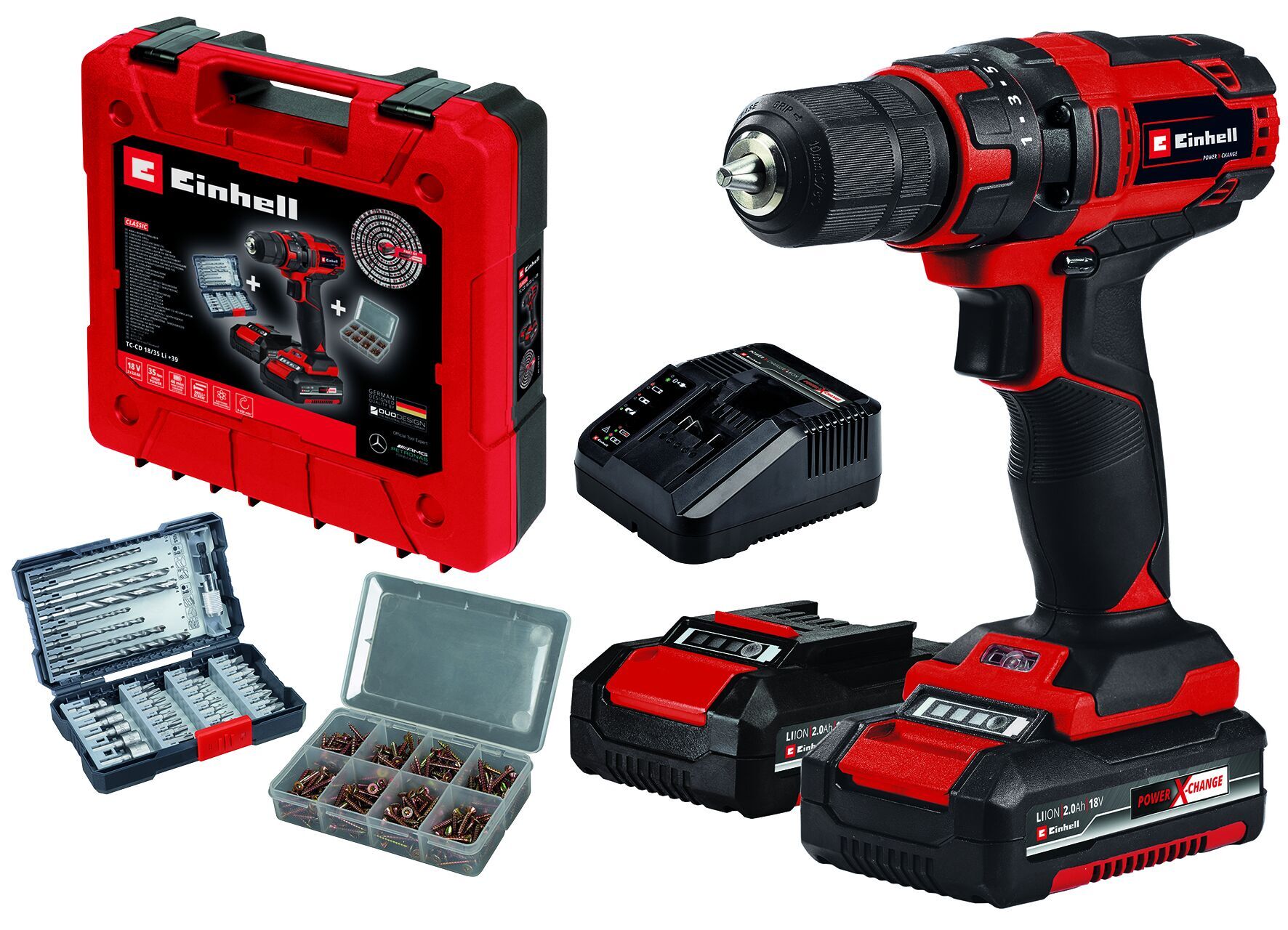 Einhell TC-CD 18/35 Li +39 (2 x 2,0 Ah) Akku-Bohrschrauber-Set rot/schwarz
